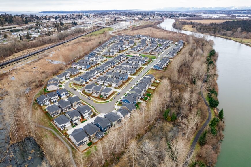 Everett Riverfront aerial view of one phase of the project that now has housing