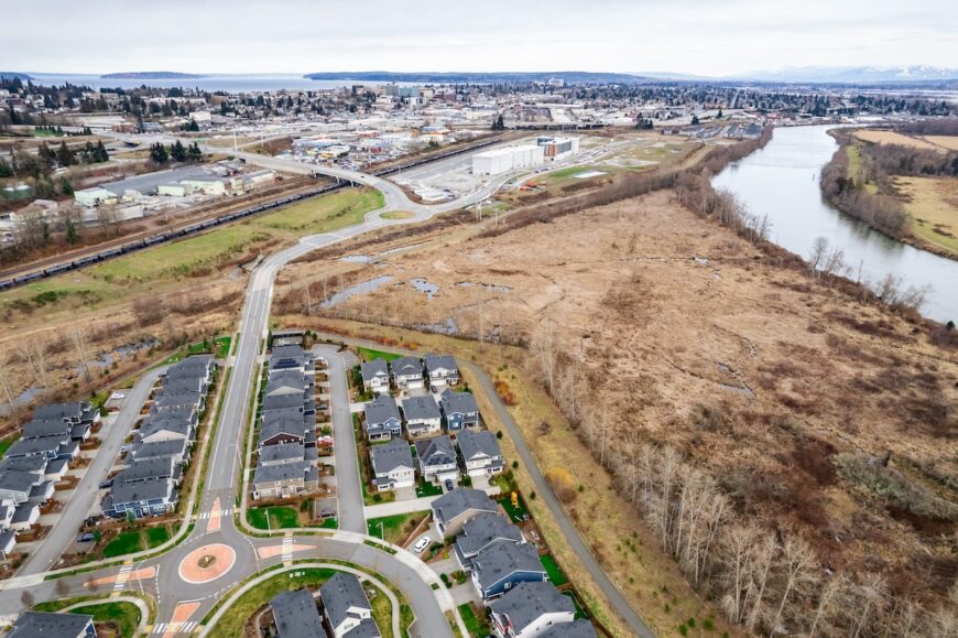 Everett Riverfront aerial view of new roundabout and roadway