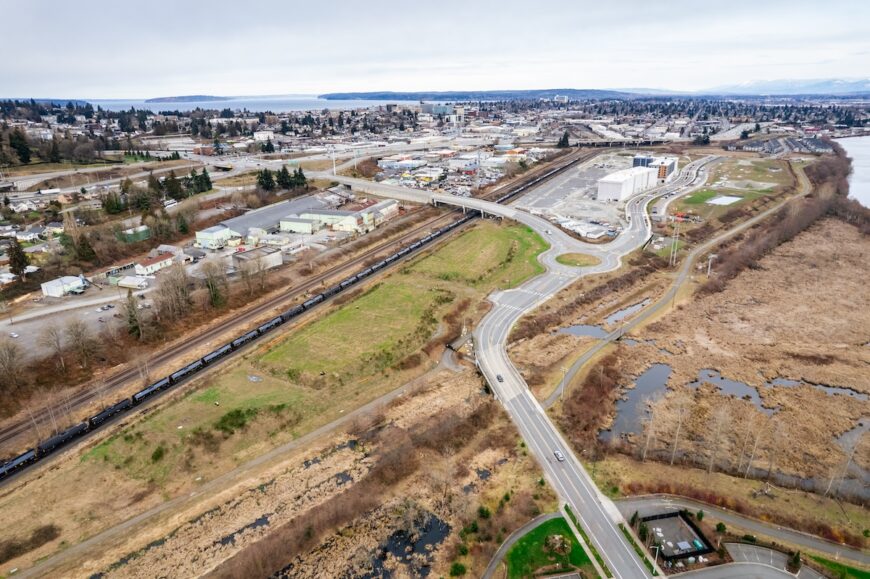 Everett Riverfront aerial view of new roadway