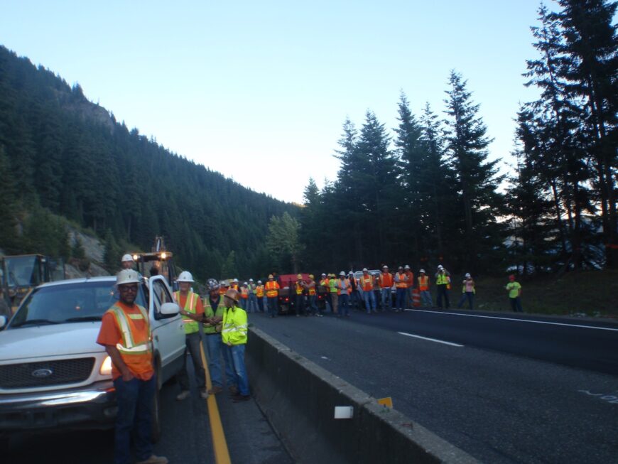 The Hyaks. I90 shutdown and crews watching from afar on I90 of rock blast