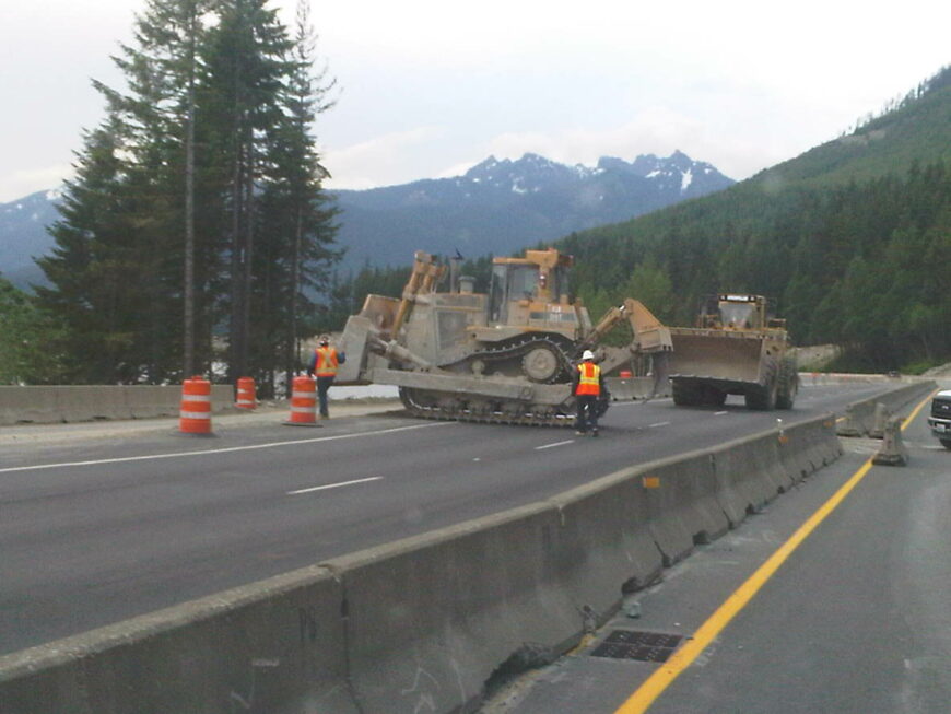 The Hyaks Blocking road with a dozer prior to rock blasting. I90 shutdown during blasting.