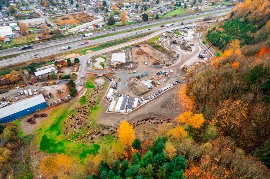 Algona aerial view of the construction site on a fall day