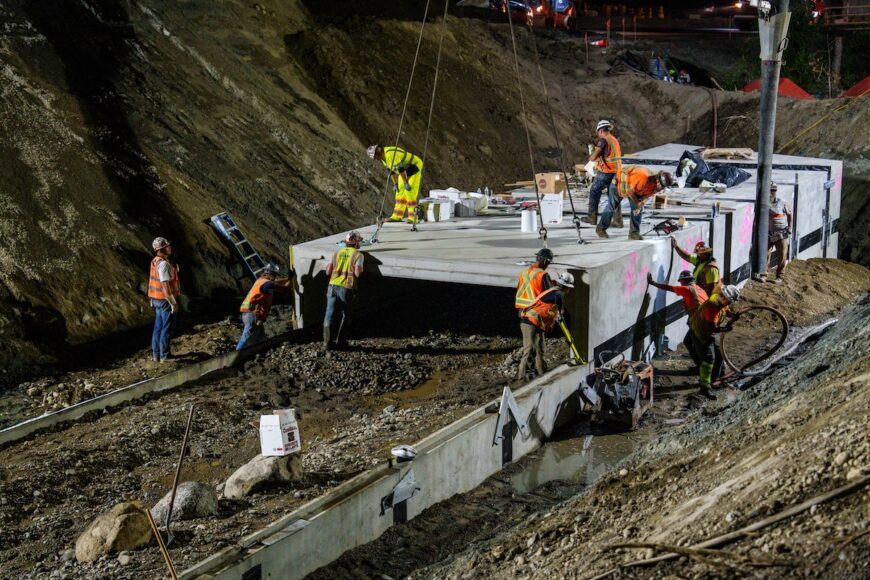 B2R crews working at night to install new precast concrete culvert